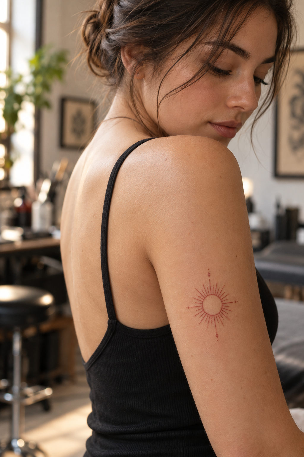 Red Ink Sun minimalist tattoo idea
