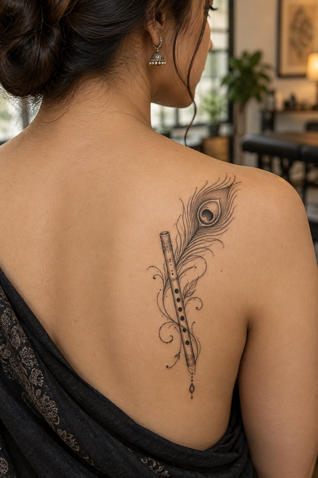 Flute and Peacock Feather minimalist tattoo idea