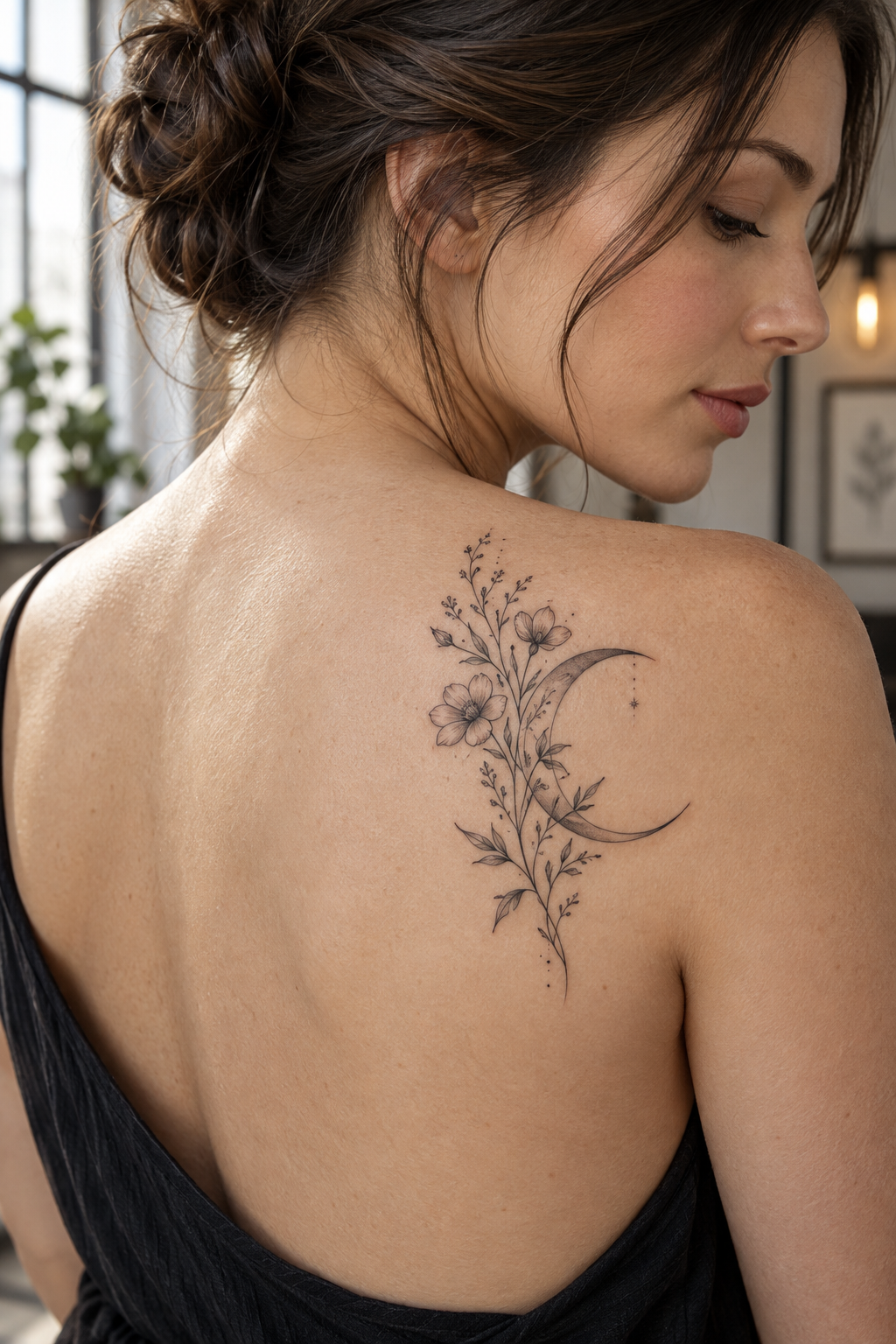 Floral Moon Body Art for Women minimalist tattoo idea