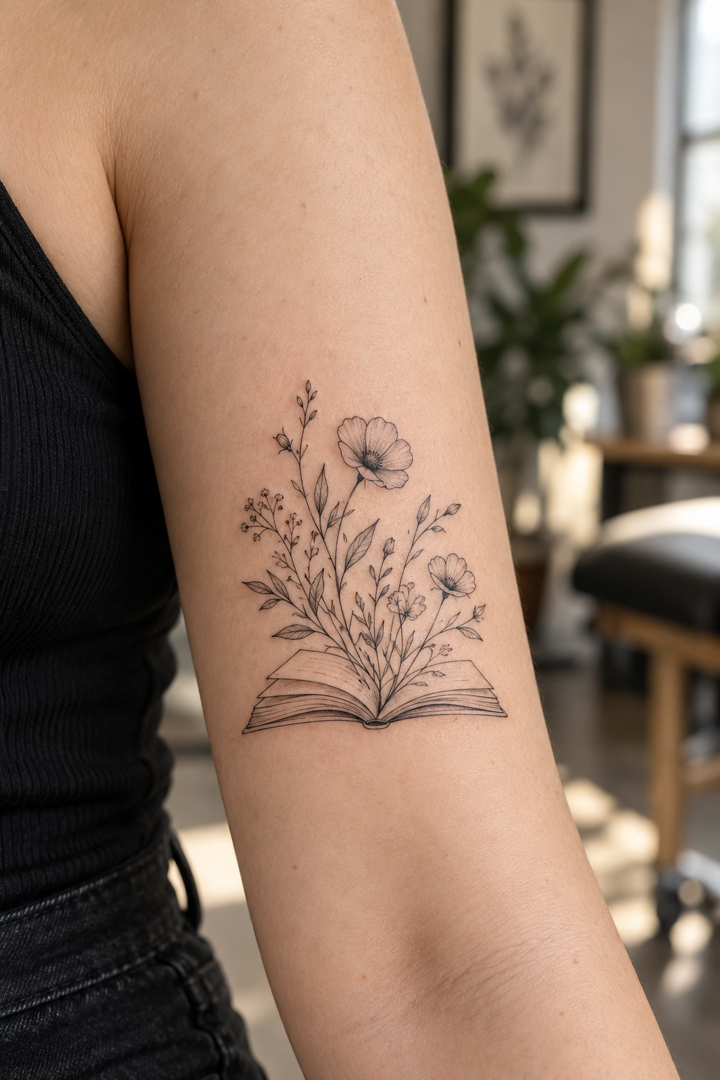 Open Book with Flowers minimalist tattoo idea