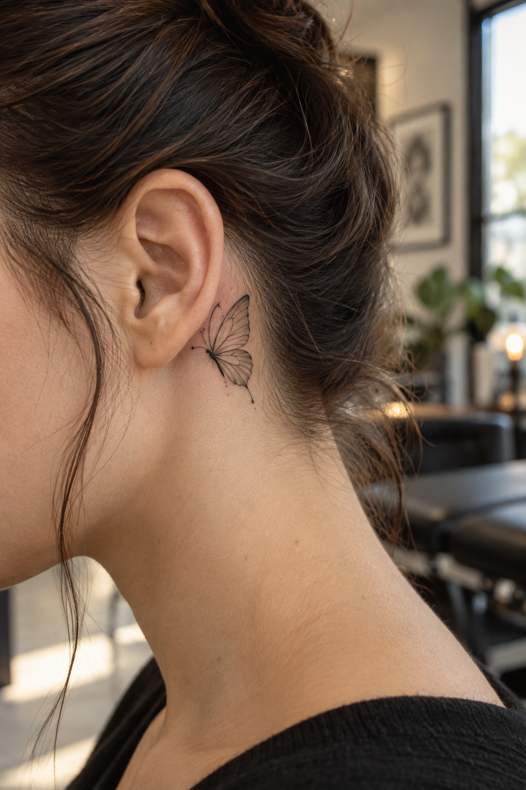 Butterfly Behind the Ear minimalist tattoo idea