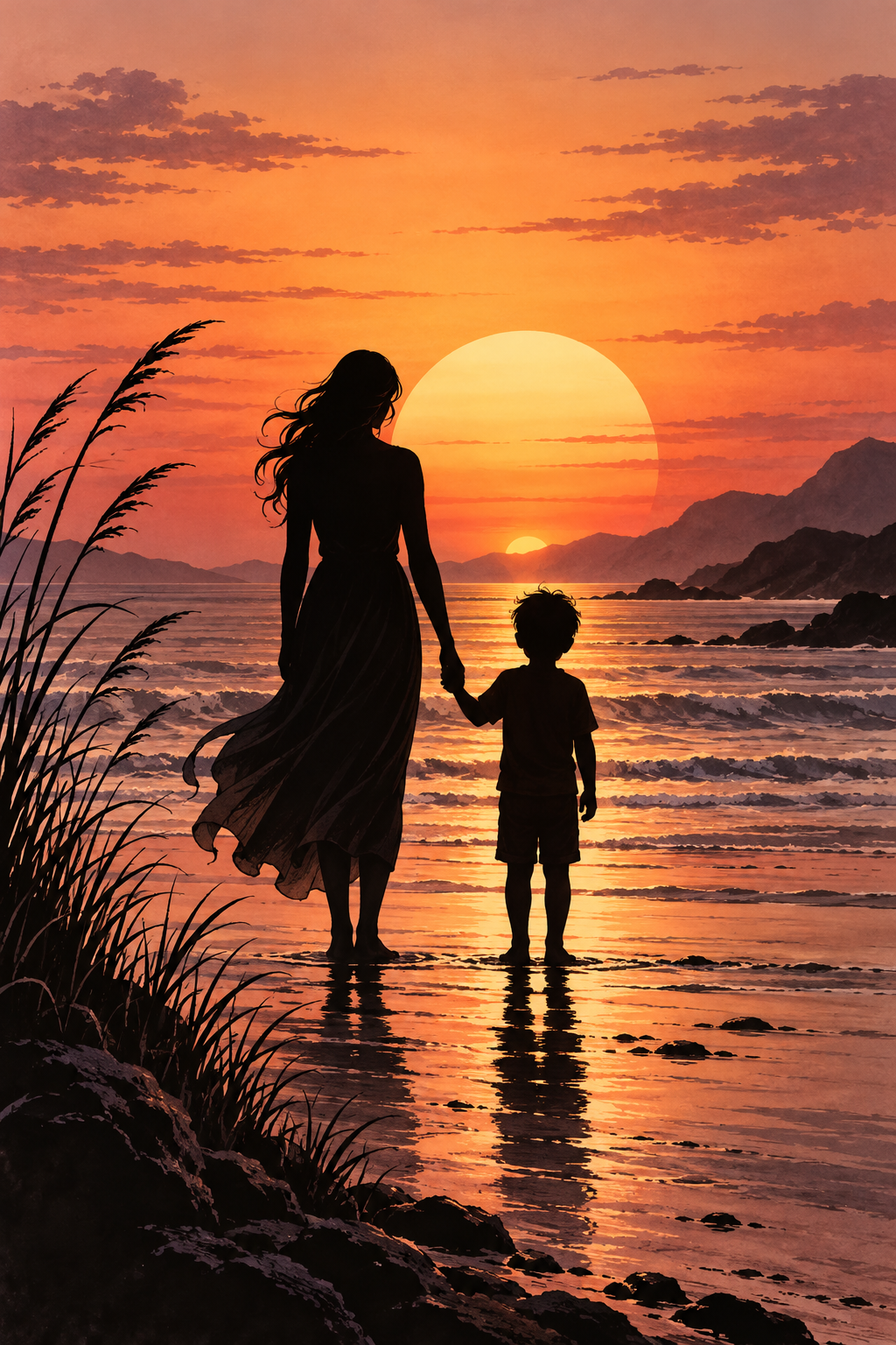 Silhouette Mother and Son Sunset Tattoo mother and son tattoo idea