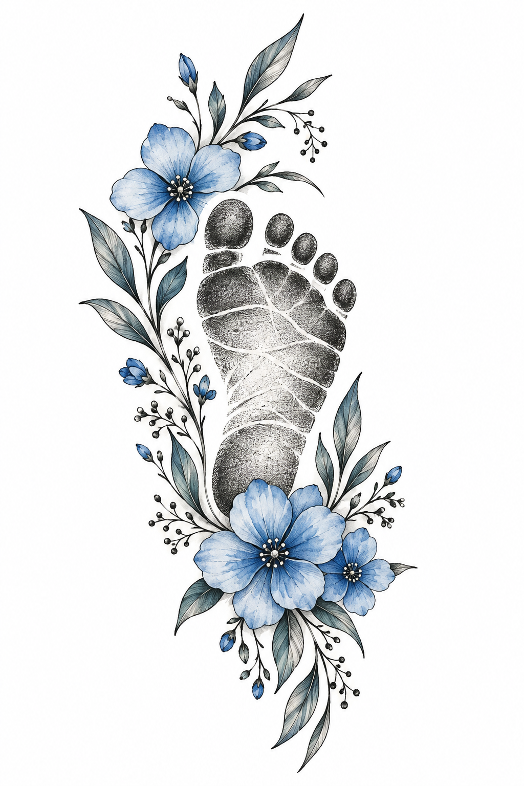 Baby Footprint with Blue Flowers Tattoo mother and son tattoo idea