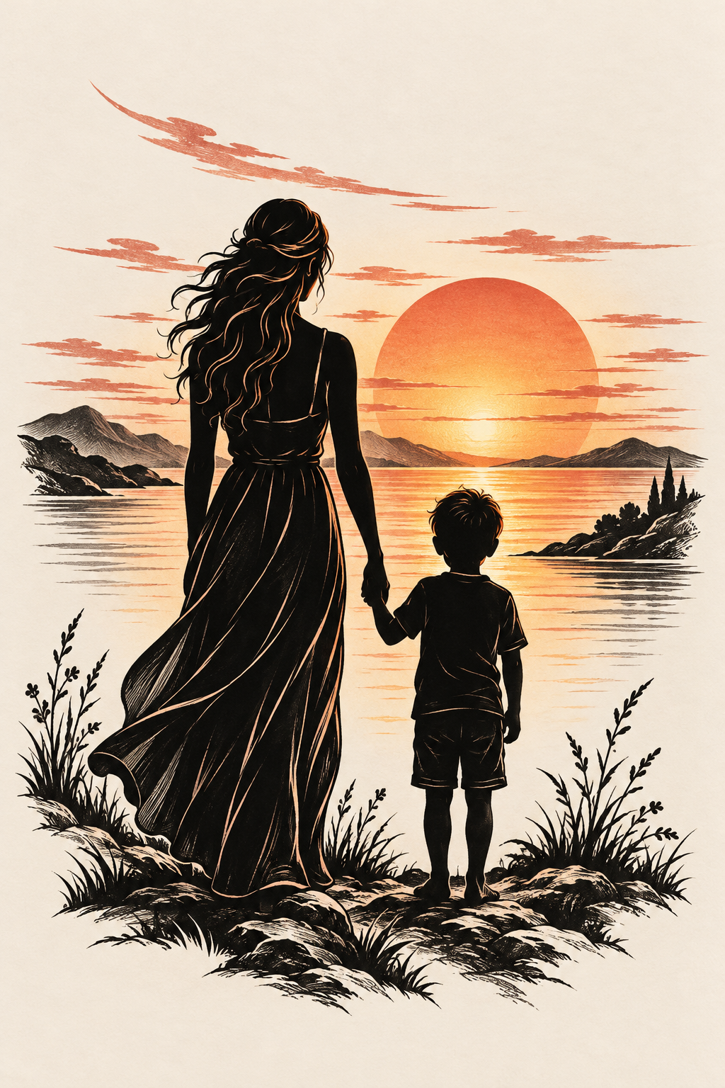 Sunset Silhouette Mother and Son Tattoo mother and son tattoo idea
