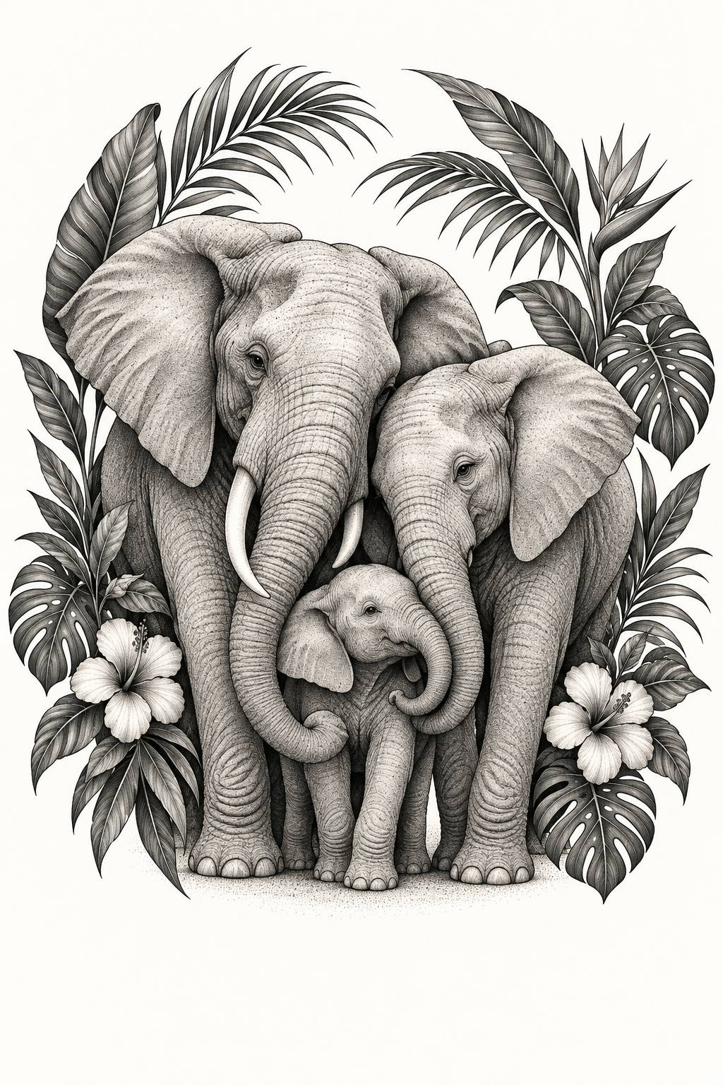 Elephant Family Tattoo with Tropical Leaves mother and son tattoo idea