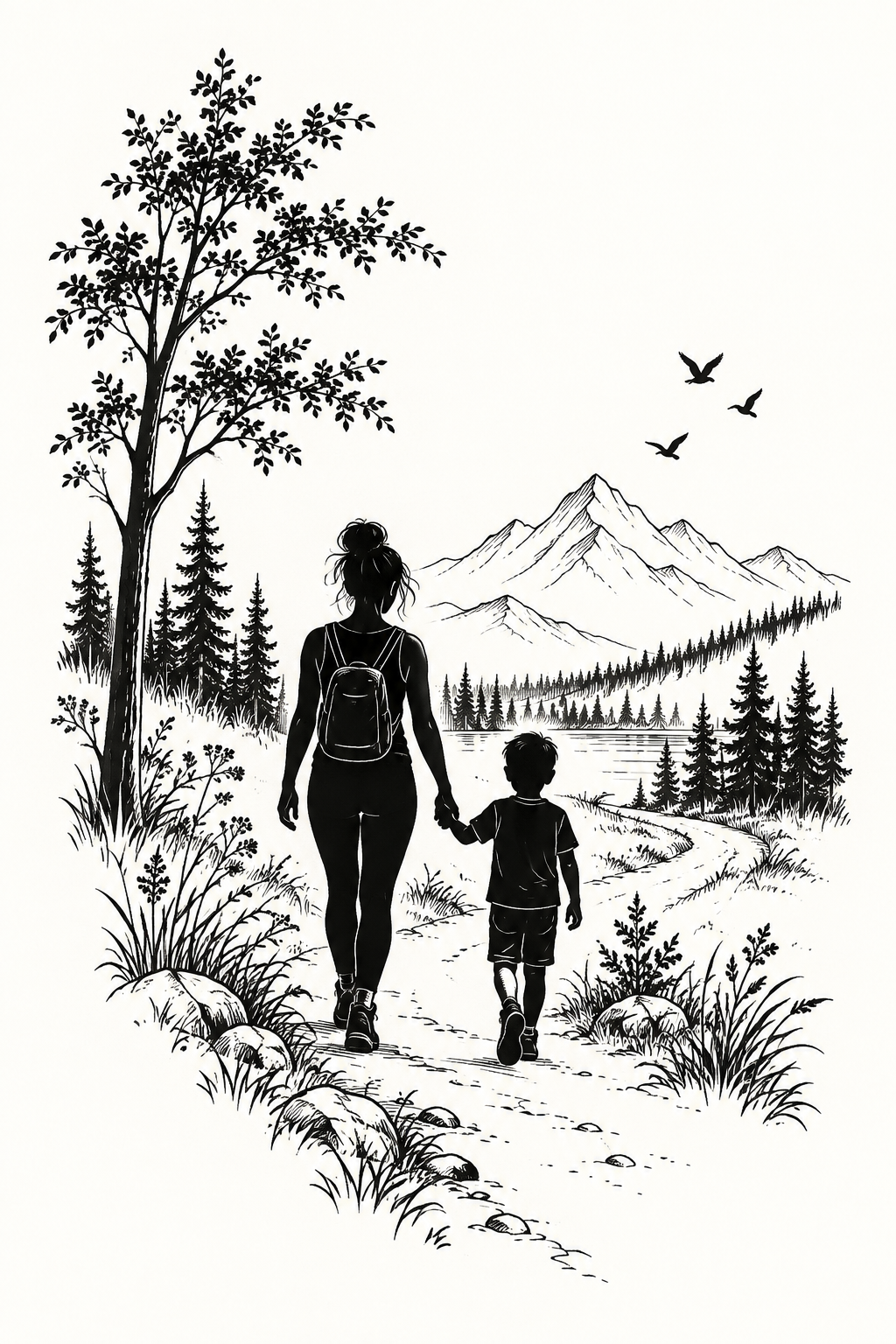 Mother and Son Nature Walk Silhouette Tattoo mother and son tattoo idea