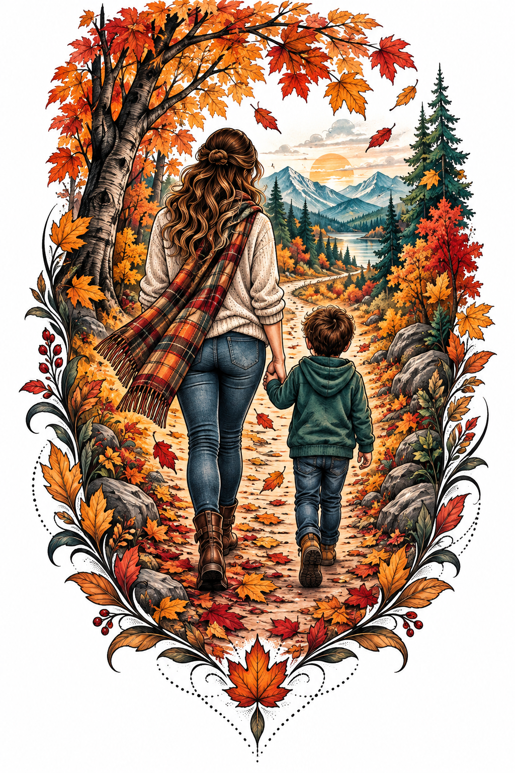 Autumn Walk: A Colorful Mother and Son Tattoo mother and son tattoo idea