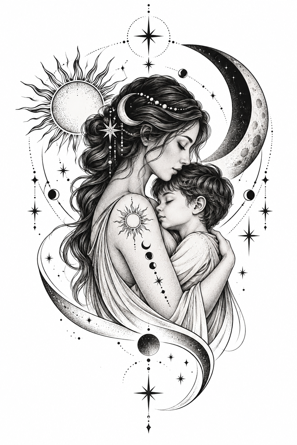 A Celestial Mother and Son Tattoo mother and son tattoo idea