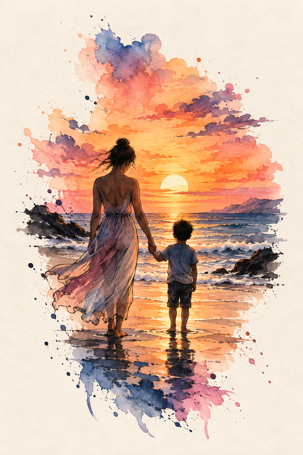 Watercolor Sunset Mother and Son Tattoo mother and son tattoo idea