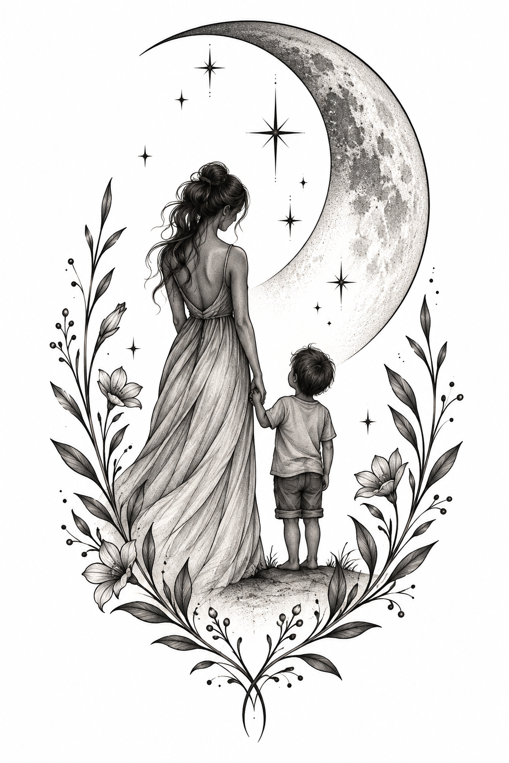 Moonlit Mother and Son Tattoo mother and son tattoo idea