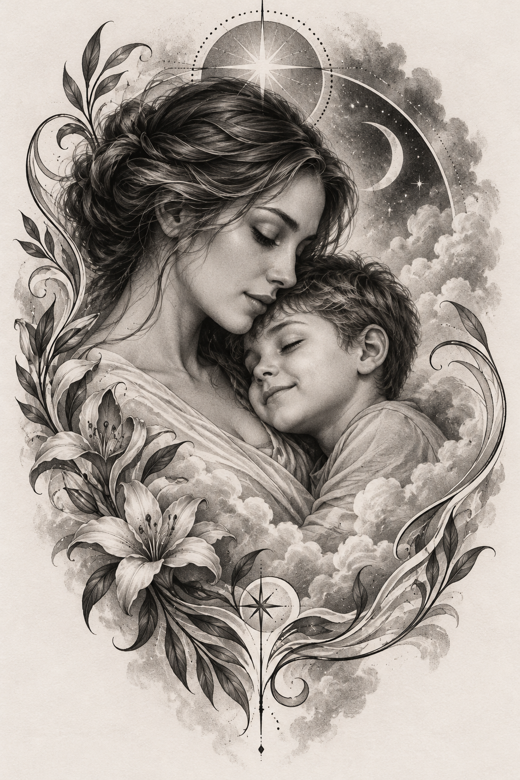 Mother and Son Dreamlike Portrait Tattoo mother and son tattoo idea