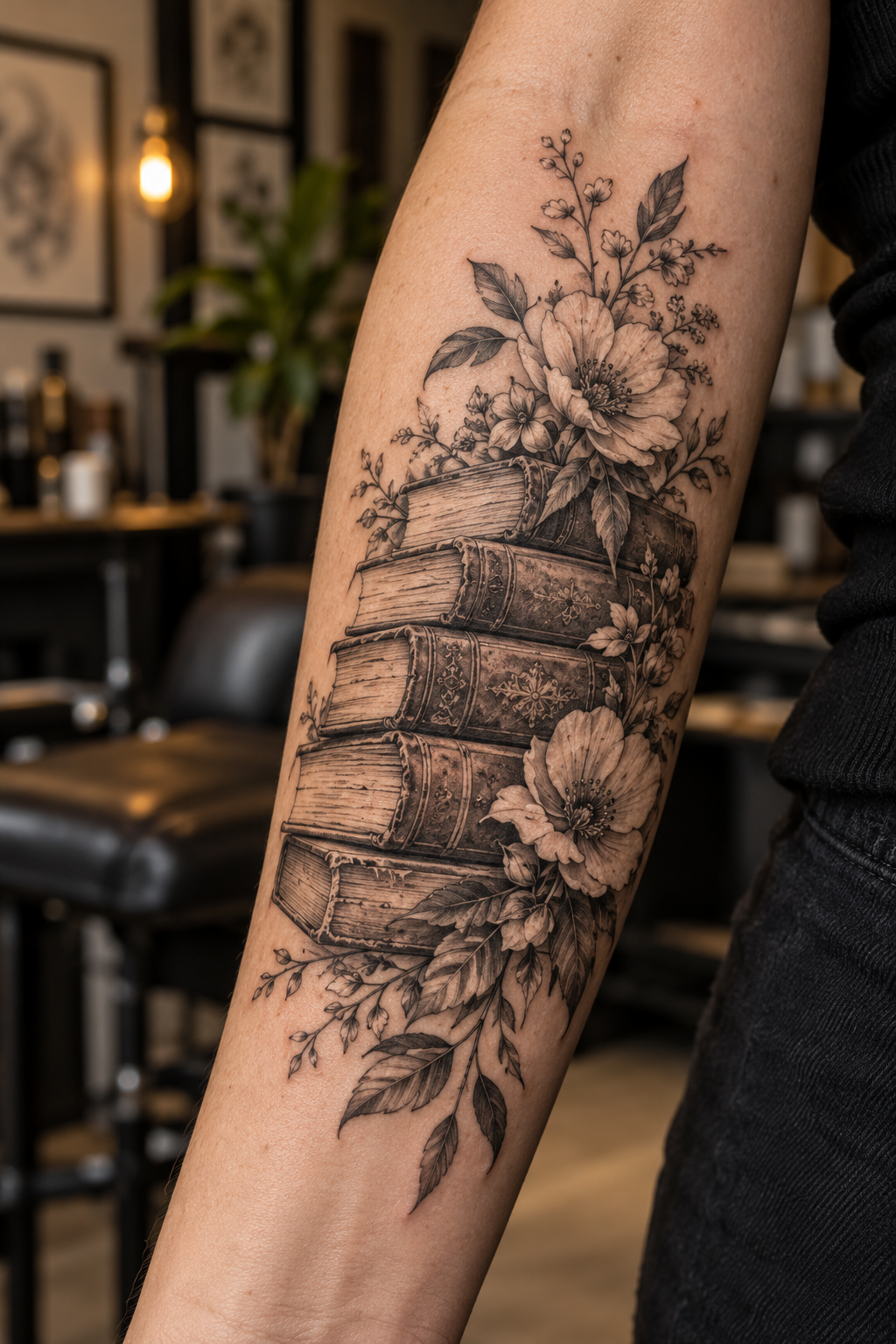 stacked antique books tattoo idea