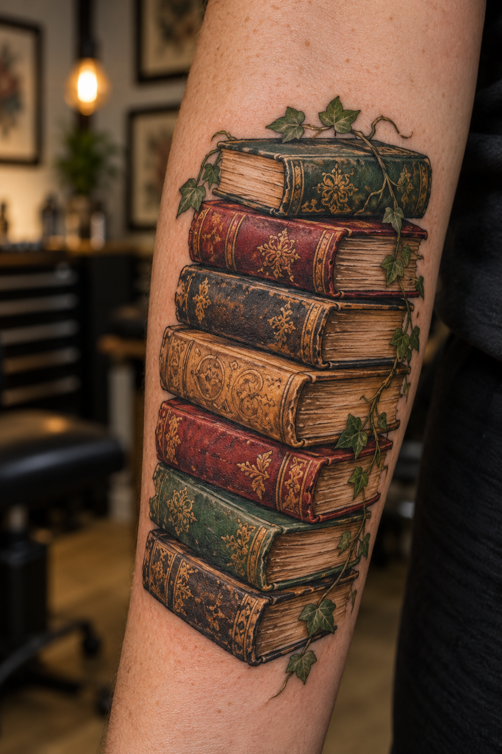 colorful antique book tattoo idea