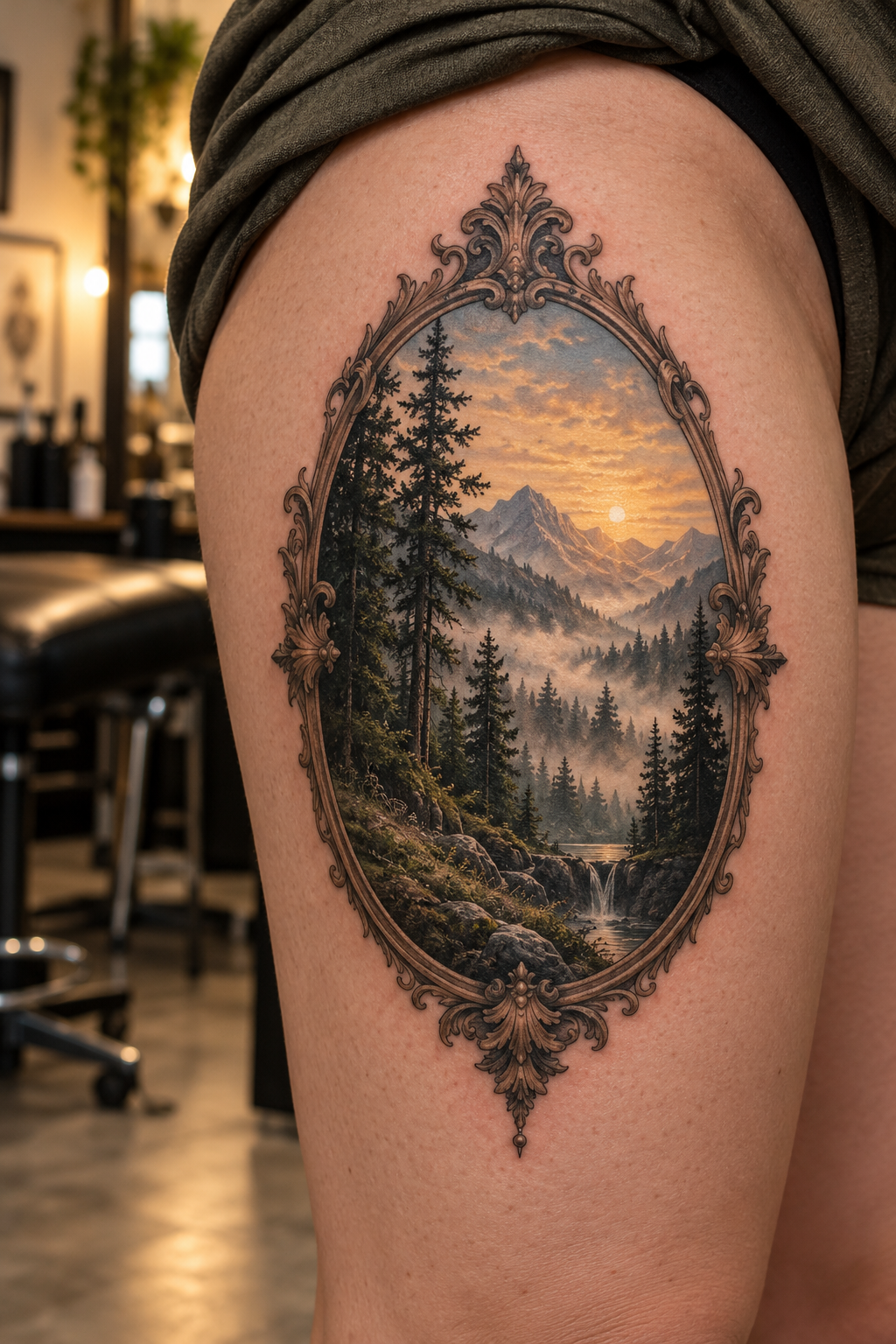 ornate framed landscape antique tattoo idea