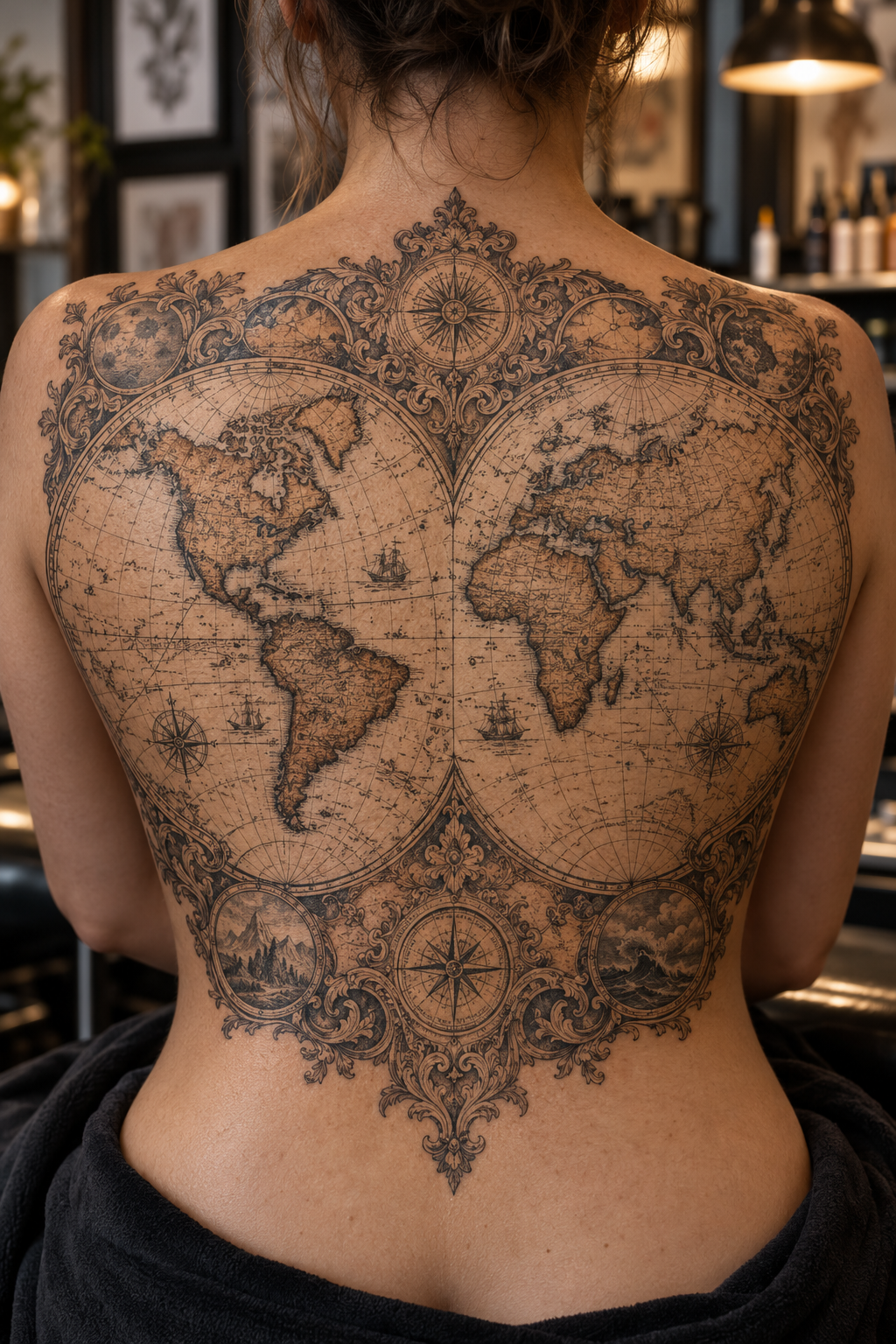 antique world map tattoo idea