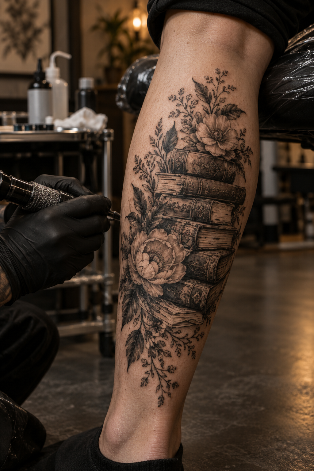 antique books and flowers calf tattoo