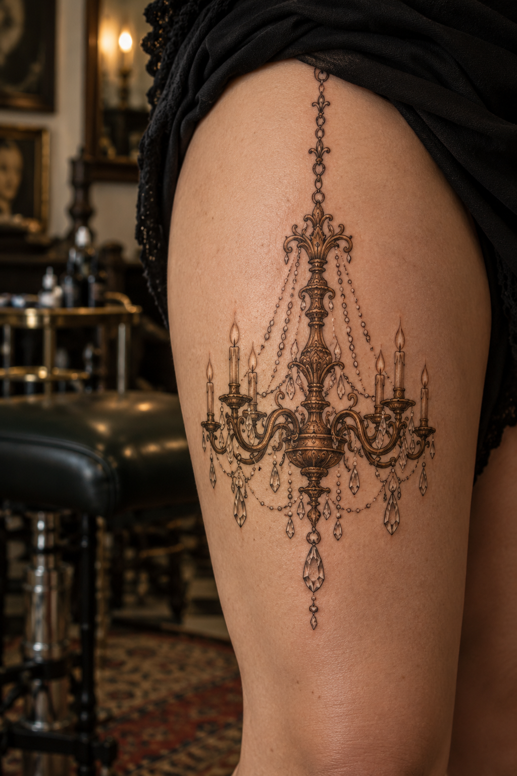 antique chandelier thigh tattoo