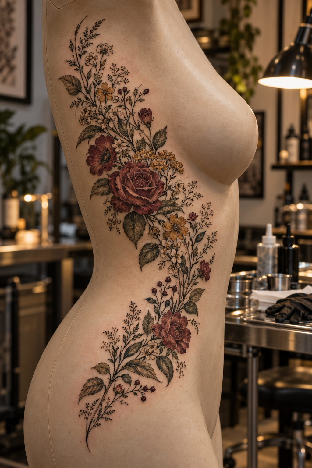 vintage floral rib tattoo