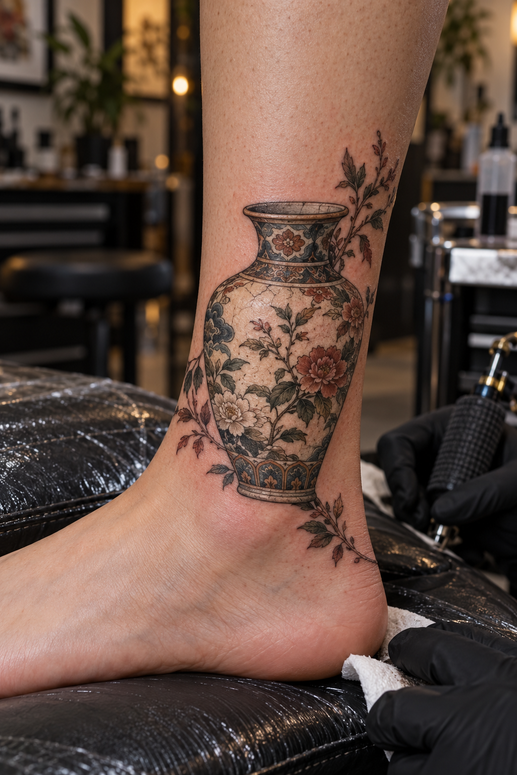 antique vase ankle tattoo