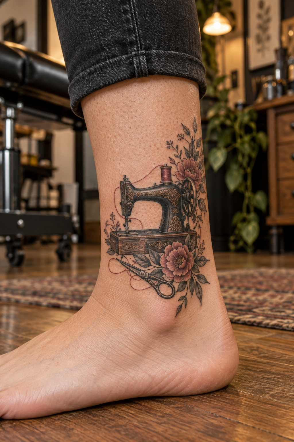 vintage sewing machine ankle tattoo