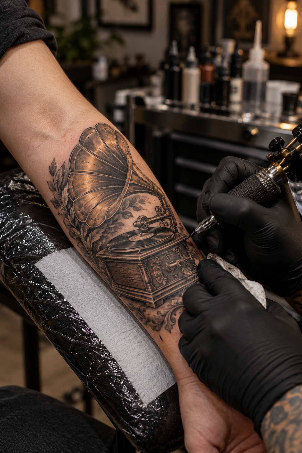 vintage gramophone forearm tattoo