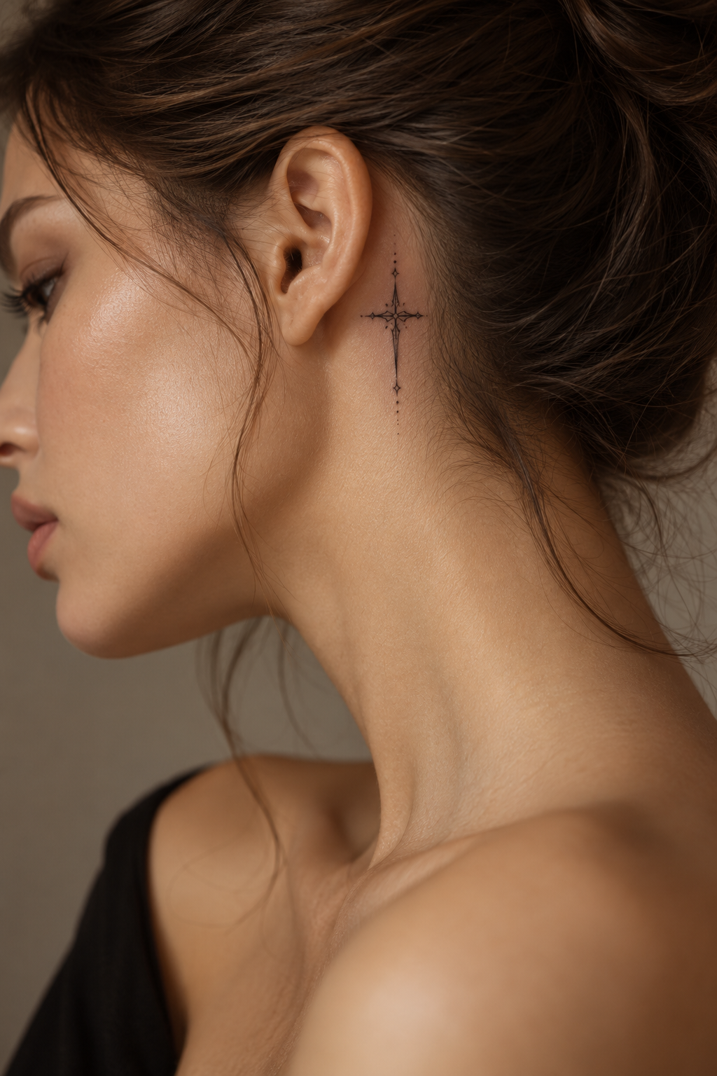 cross behind the ear feminine biblical tattoo