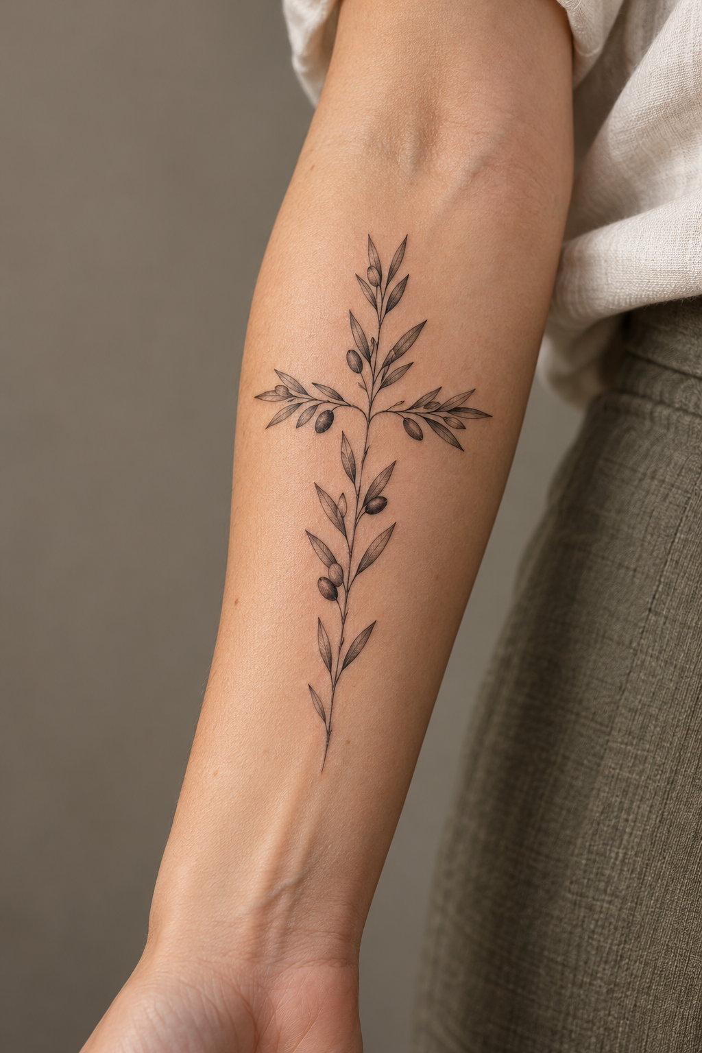 olive branch cross on the inner forearm feminine biblical tattoo