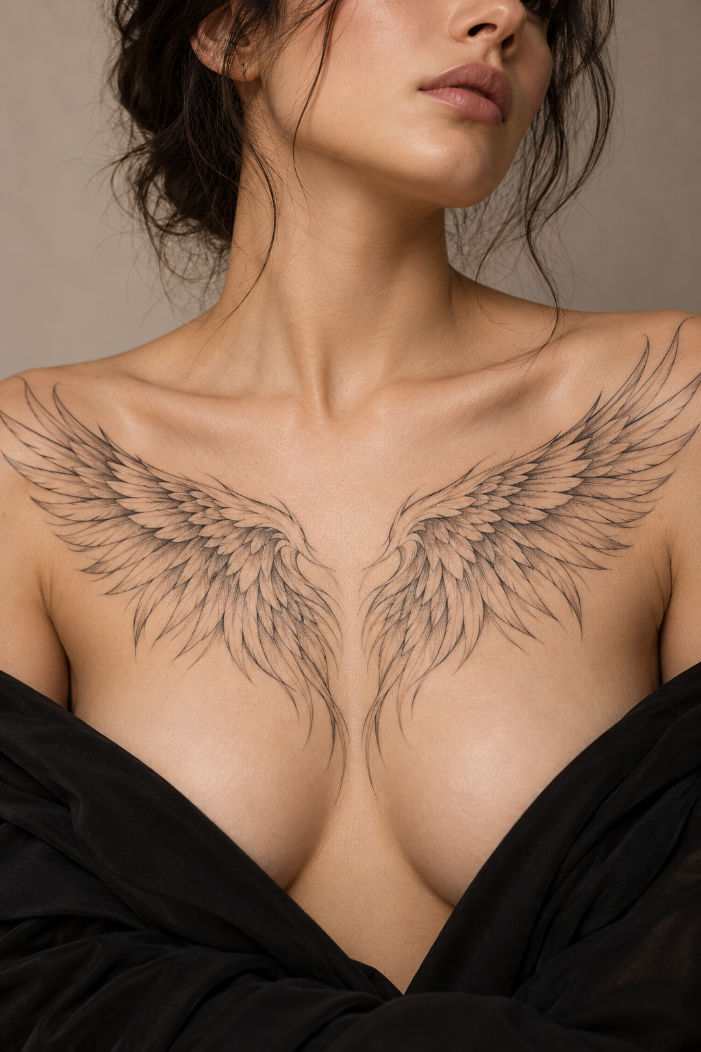 angel wings across the chest feminine biblical tattoo