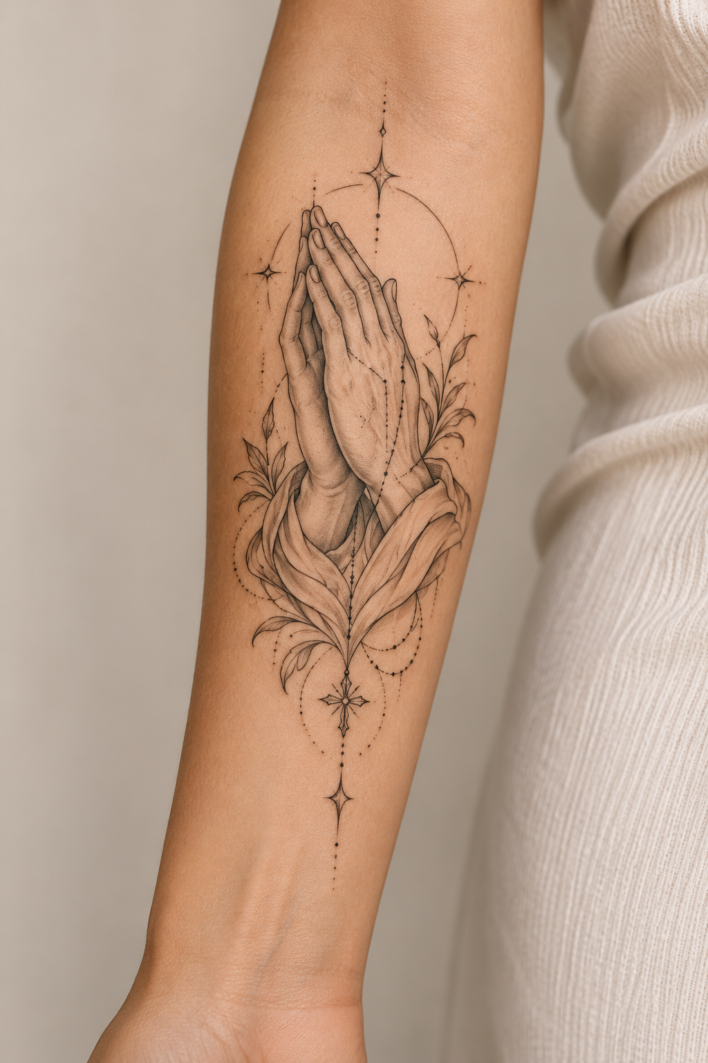 praying hands on the forearm feminine biblical tattoo