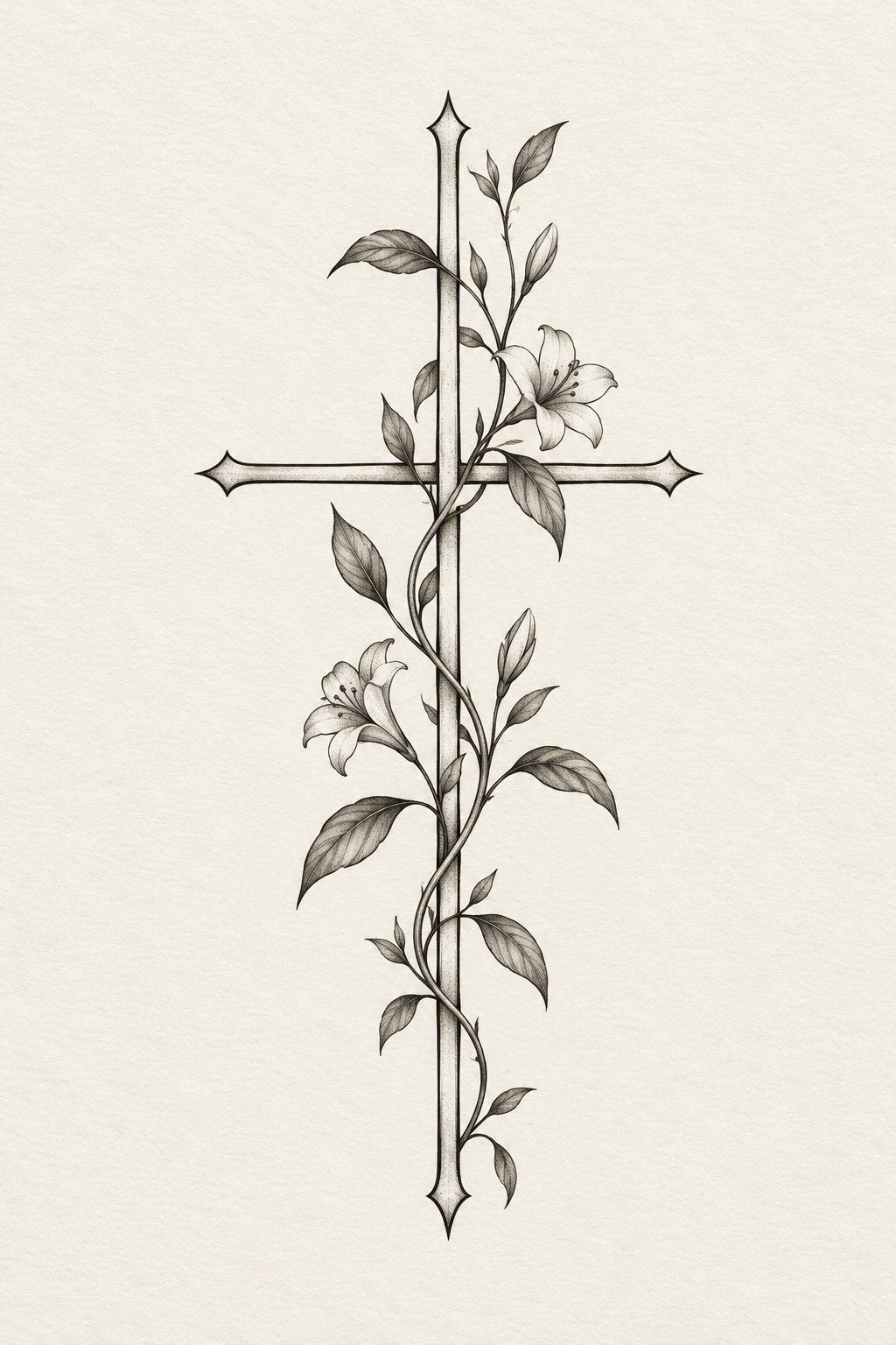 cross and vine along the ribs feminine biblical tattoo
