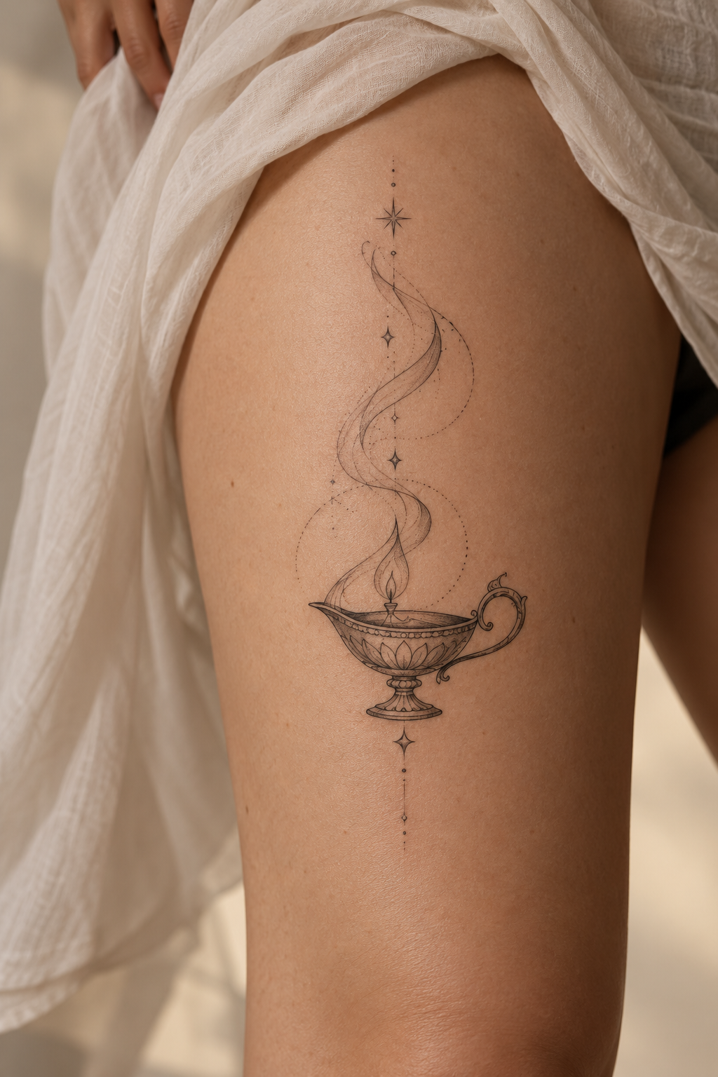 oil lamp on the thigh feminine biblical tattoo