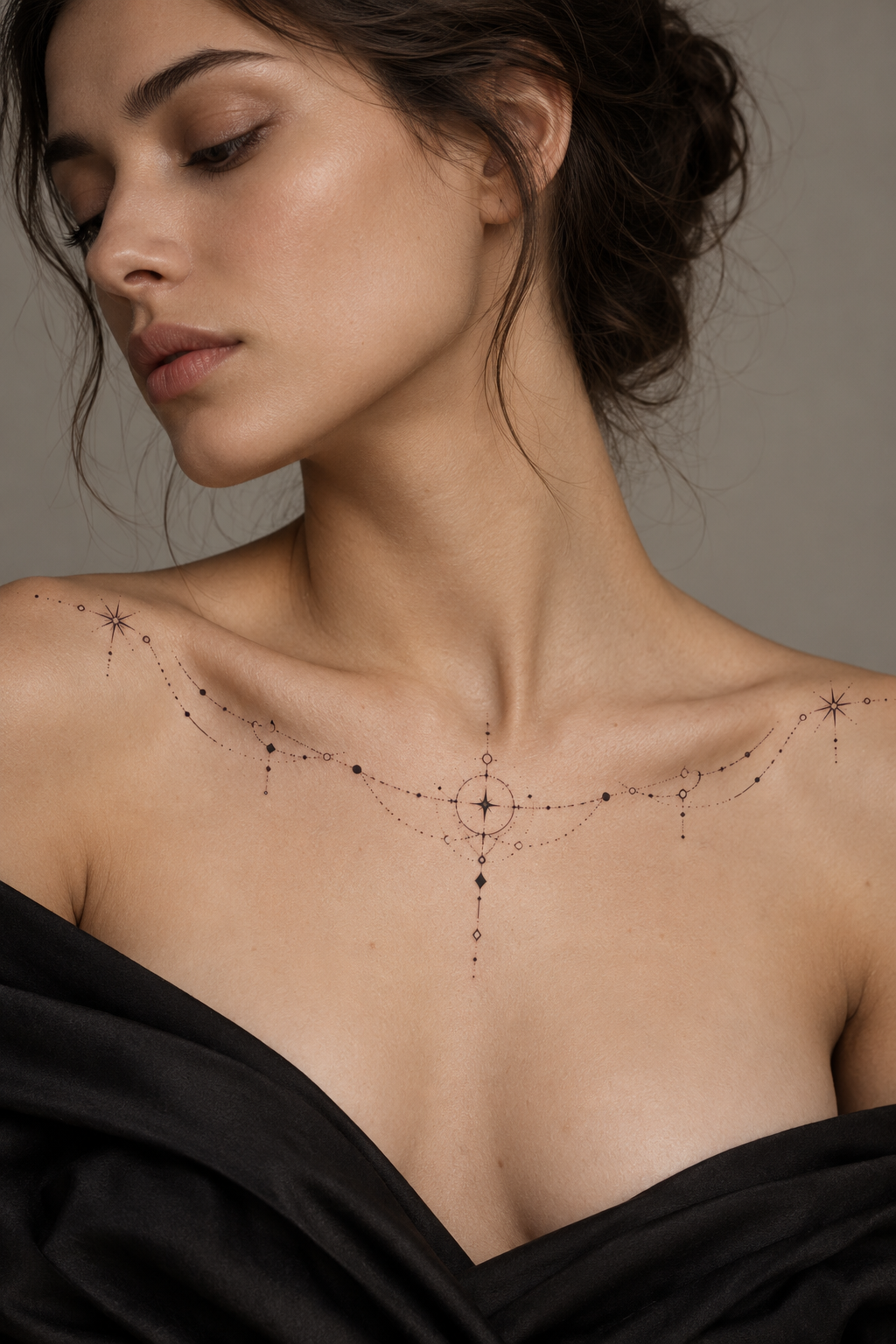 dots and shapes along the collarbone feminine biblical tattoo
