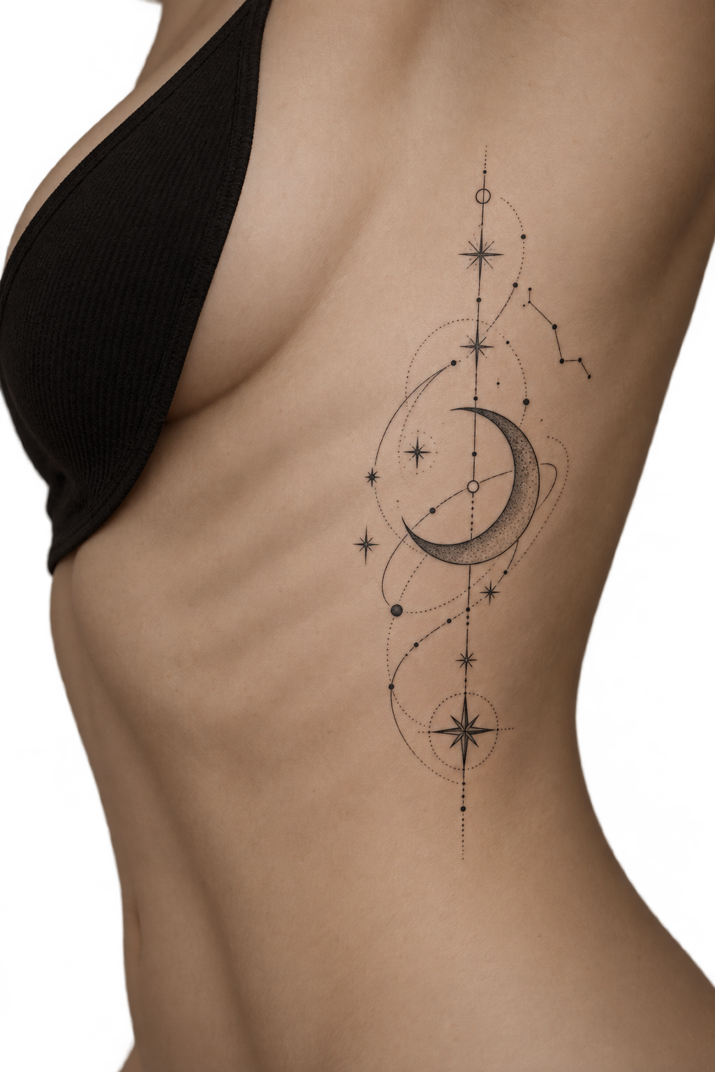 fine line rib tattoo ideas with moon and stars