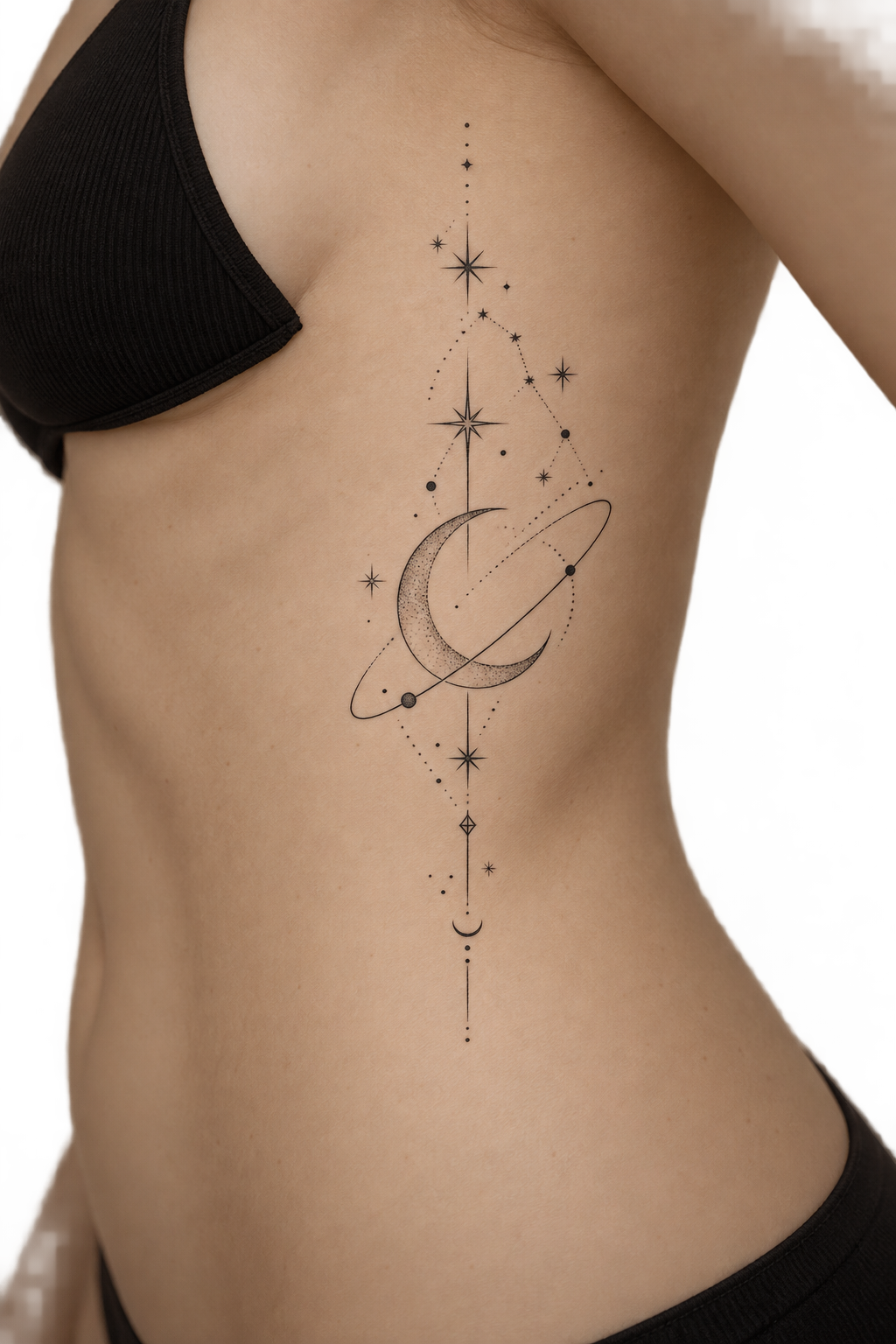 Fine line solar system rib tattoo idea
