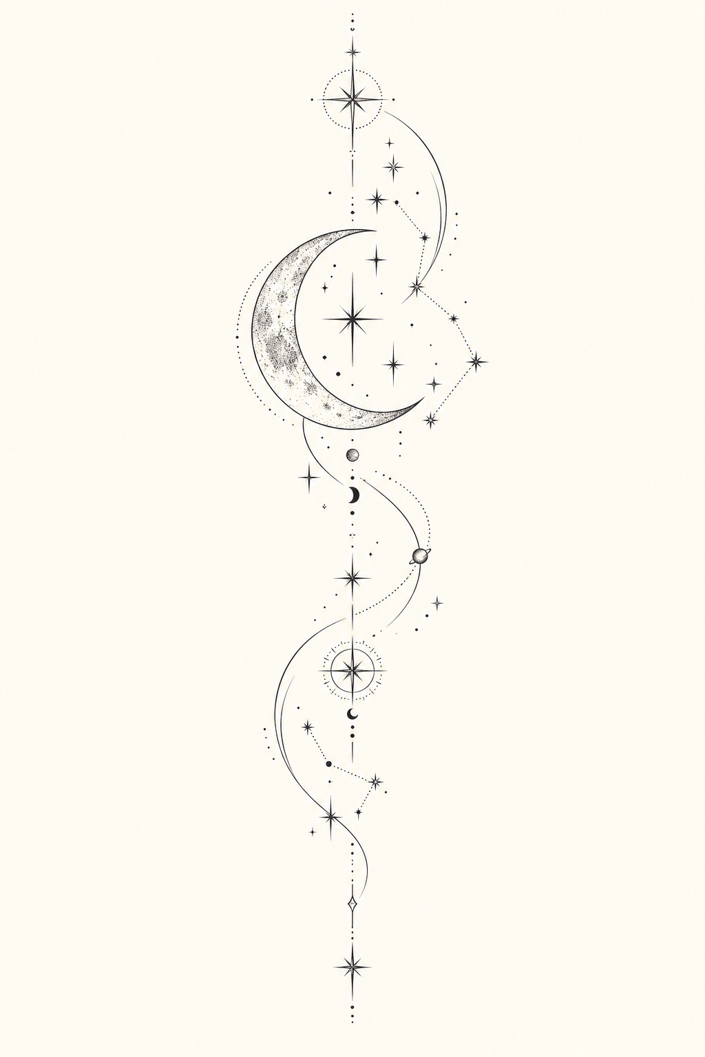 Fine line celestial linework rib tattoo idea