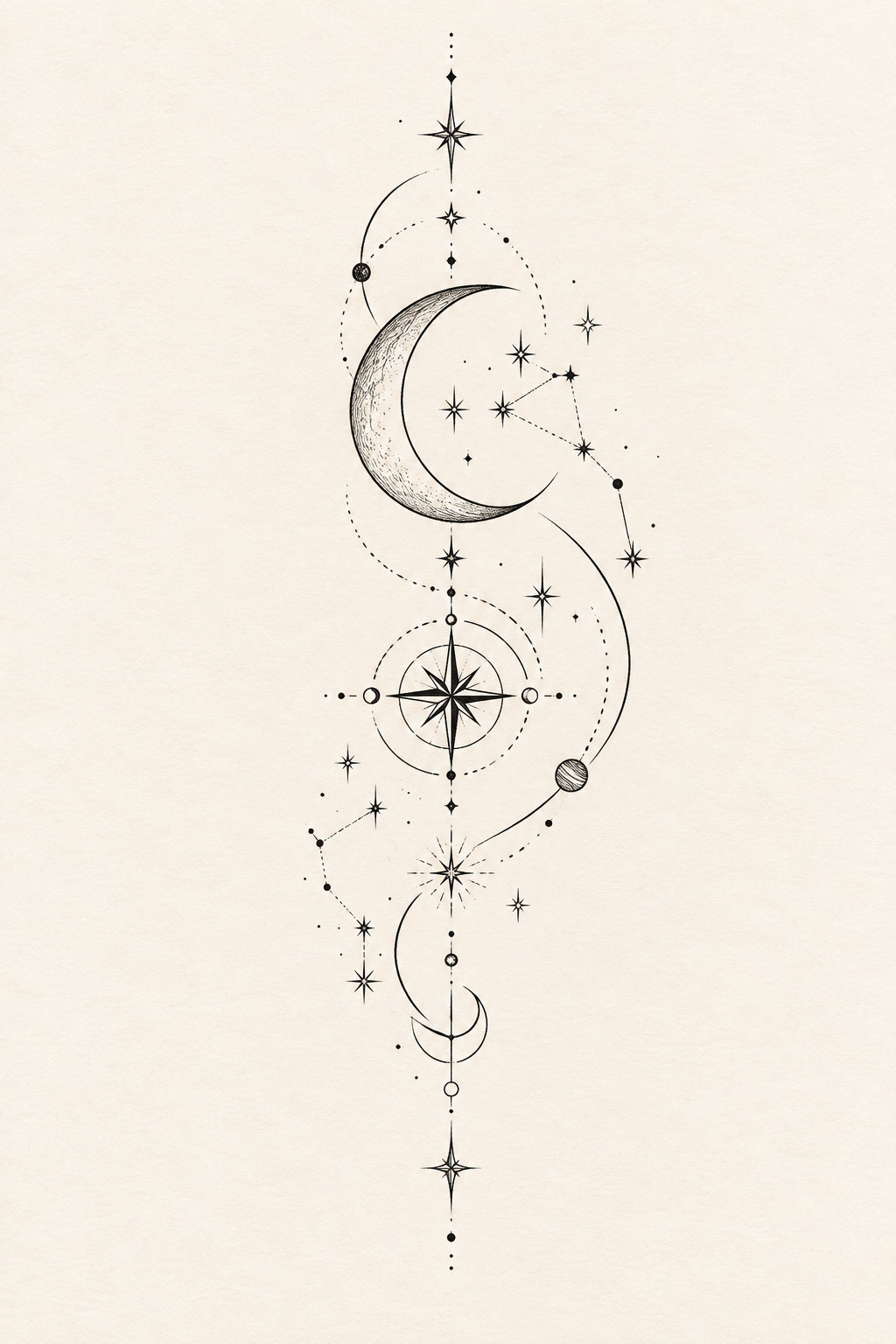 Fine line compass star rib tattoo idea