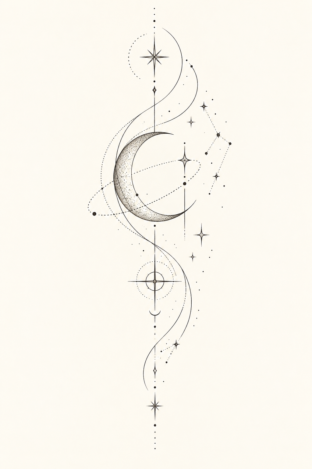Fine line spiral moon rib tattoo idea