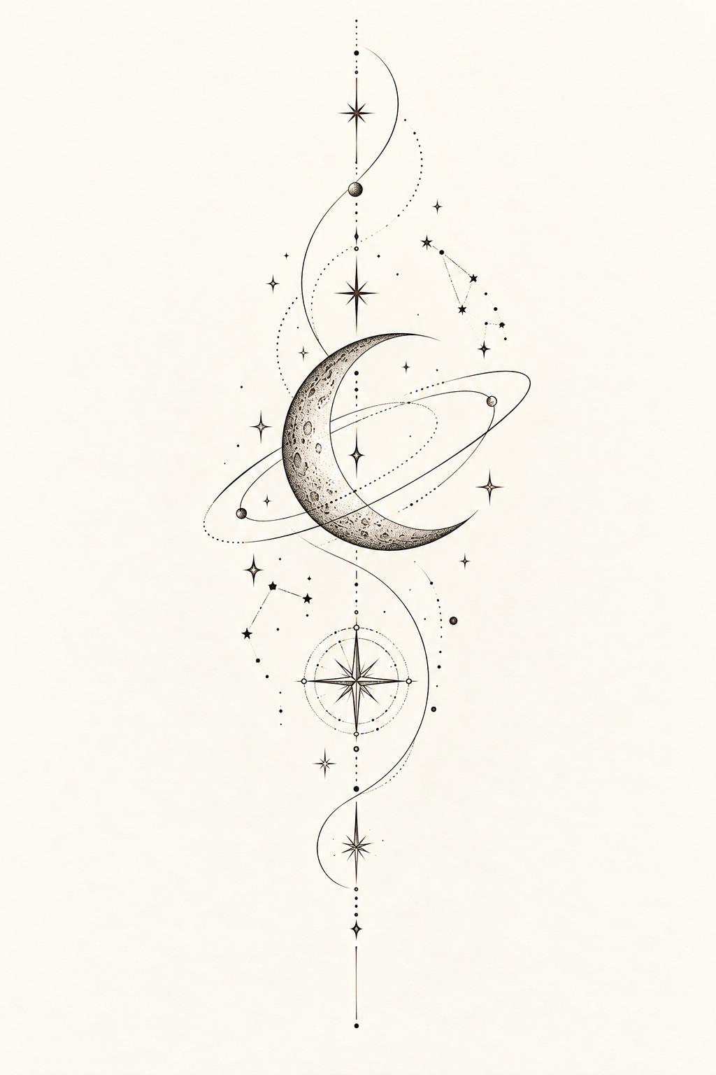 Fine line night-sky symbols rib tattoo idea