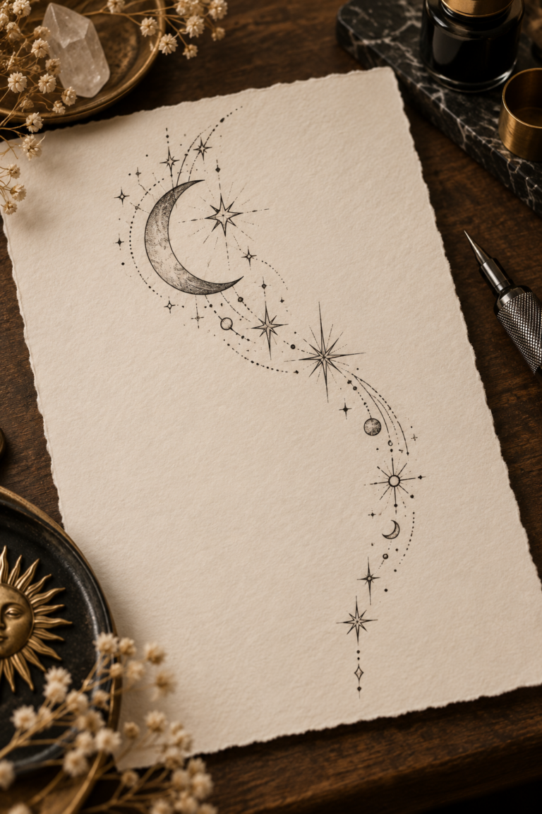 Fine line celestial rib tattoo with moon and stars