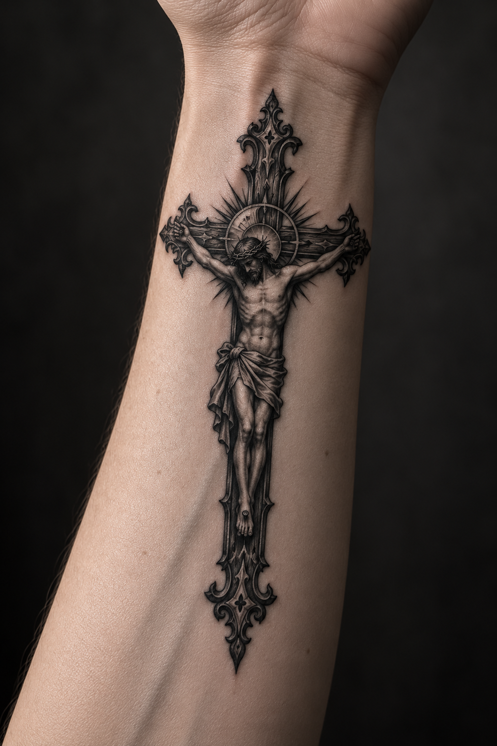 A crucifix tattoo stretches down the inner forearm gothic Christian tattoo idea