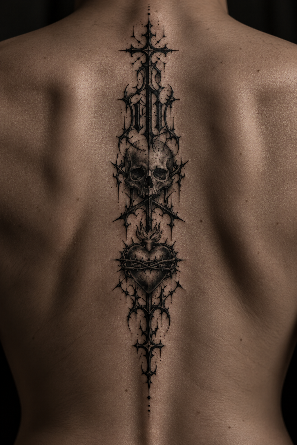 A spine tattoo with memento mori lettering gothic Christian tattoo idea