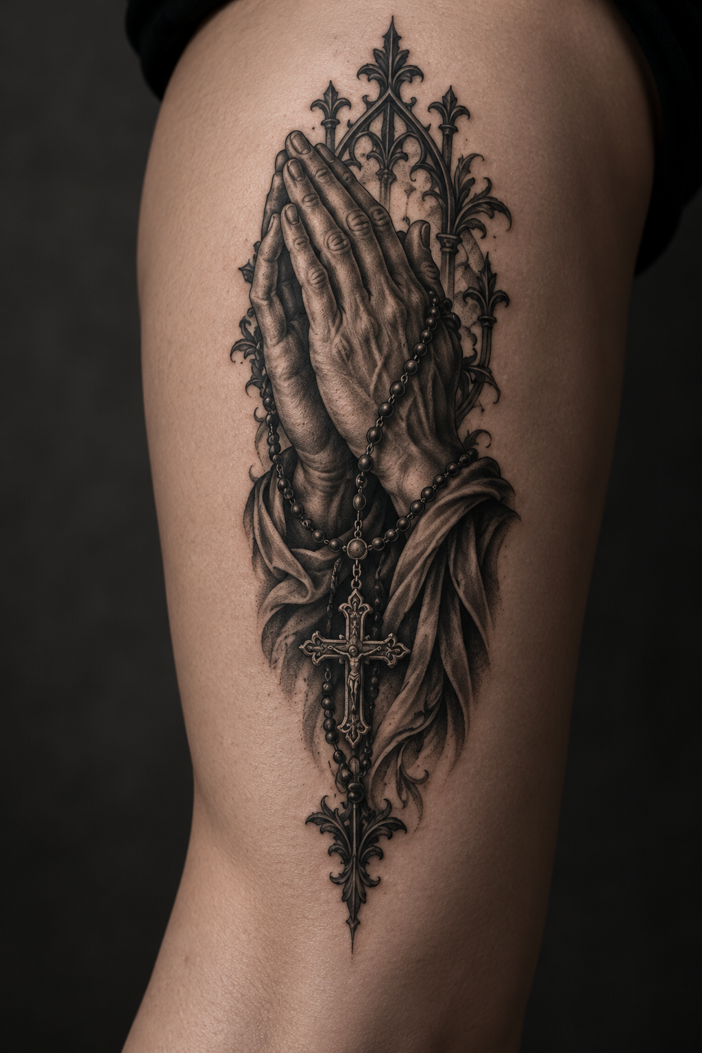 Praying hands tattoo stretches down the thigh gothic Christian tattoo idea