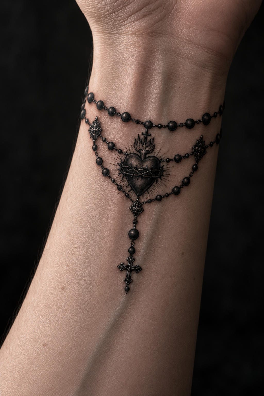 Trust tattoo with rosary beads on the ankle gothic Christian tattoo idea