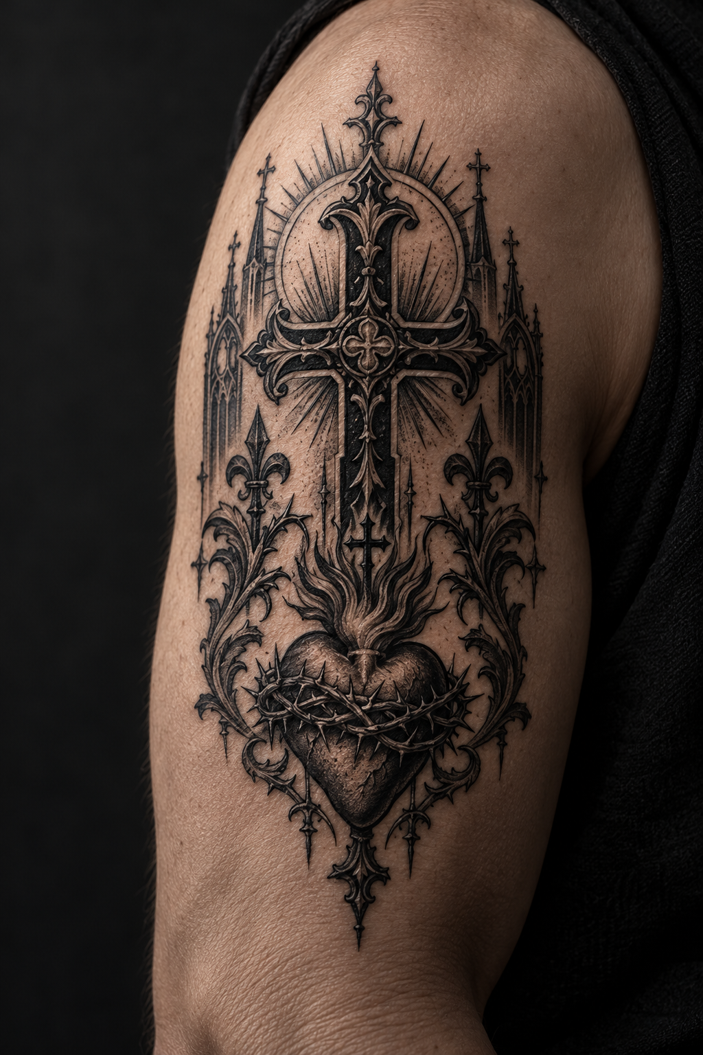 Deus vult tattoo on the upper arm gothic Christian tattoo idea
