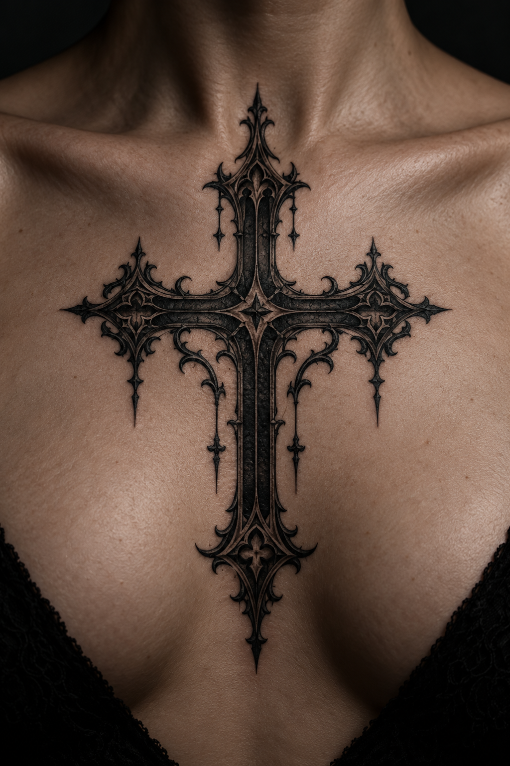 Gothic cross tattoo on the upper chest gothic Christian tattoo idea