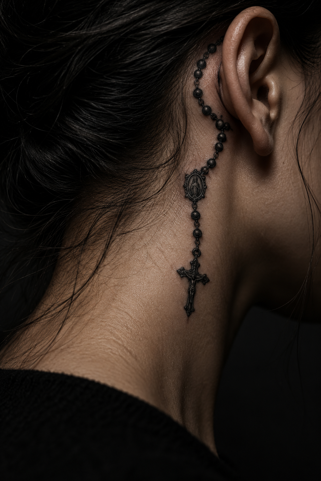 Rosary tattoo behind the ear gothic Christian tattoo idea
