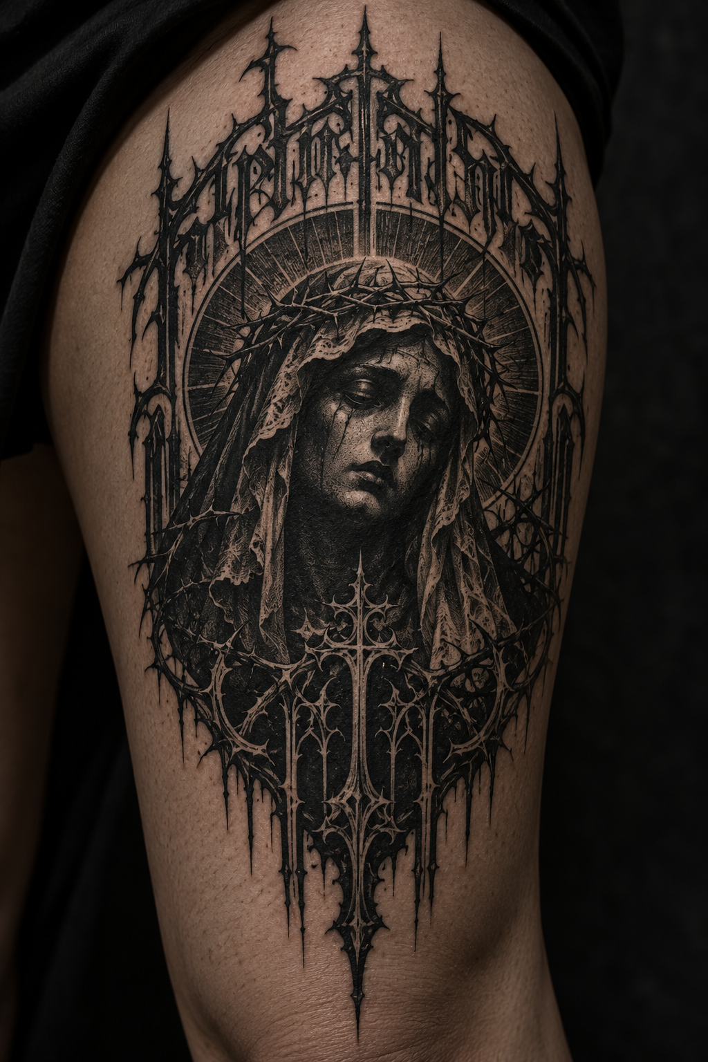 Gothic text and portrait on the thigh gothic Christian tattoo idea