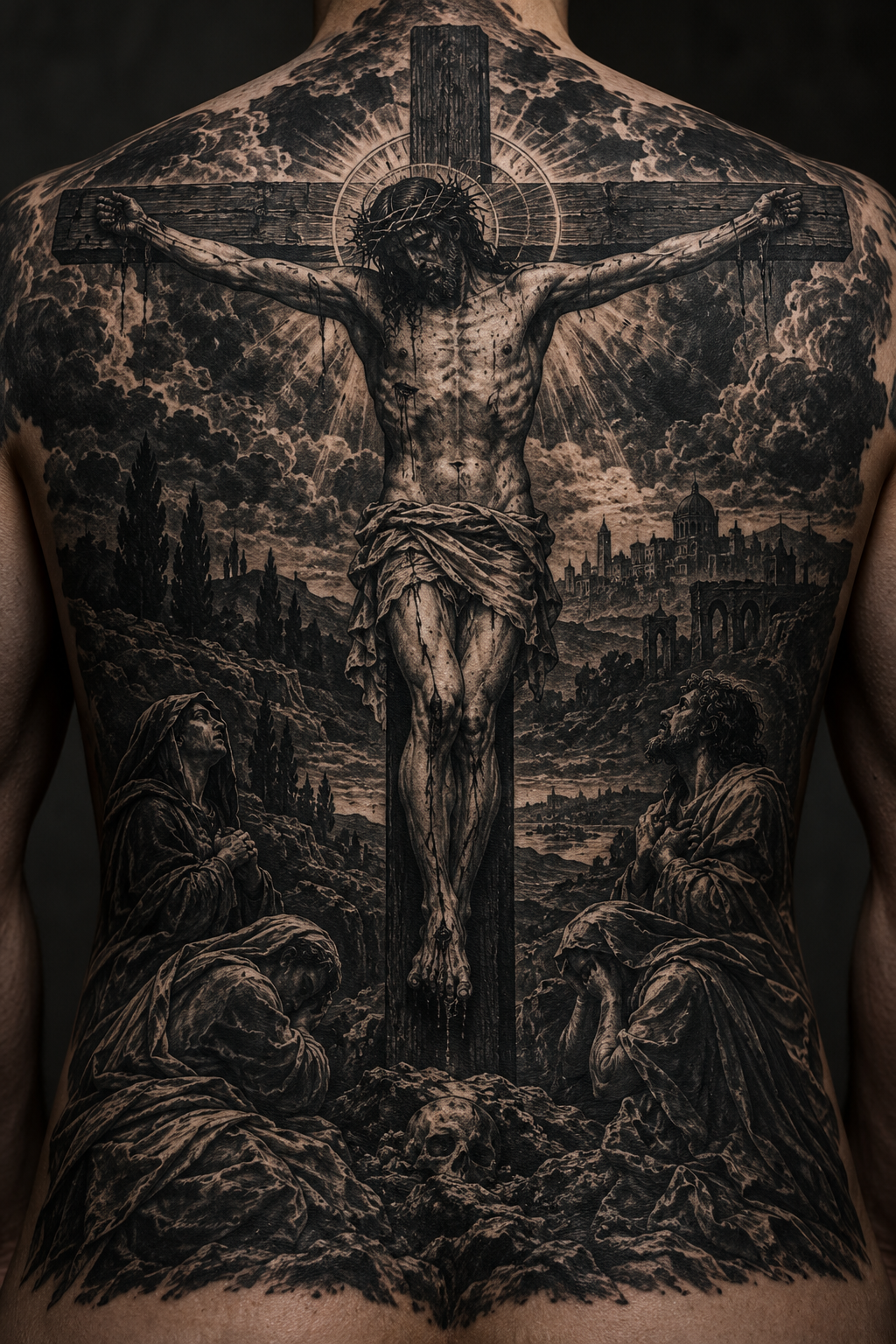 A crucifixion scene fills the back gothic Christian tattoo idea