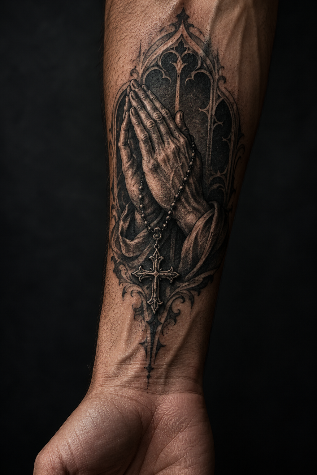 Praying hands on the inner wrist gothic Christian tattoo idea