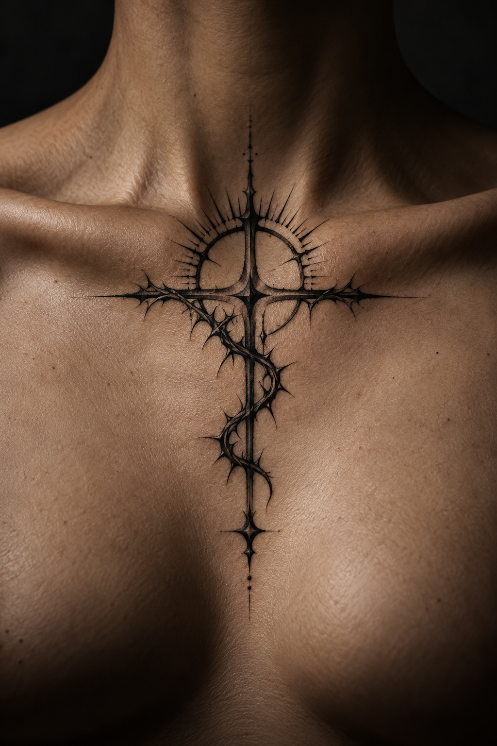 In this sign tattoo on the collarbone gothic Christian tattoo idea